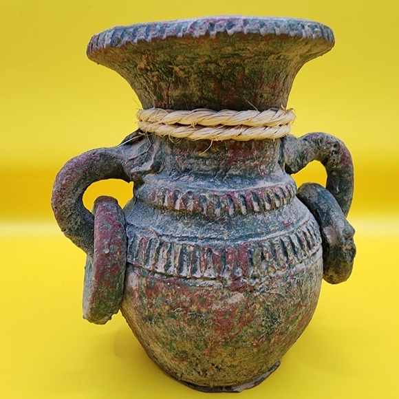 Primitive Rustic Clay Pottery Pot Double Handled Rings 4 Inch - Picture 3 of 8